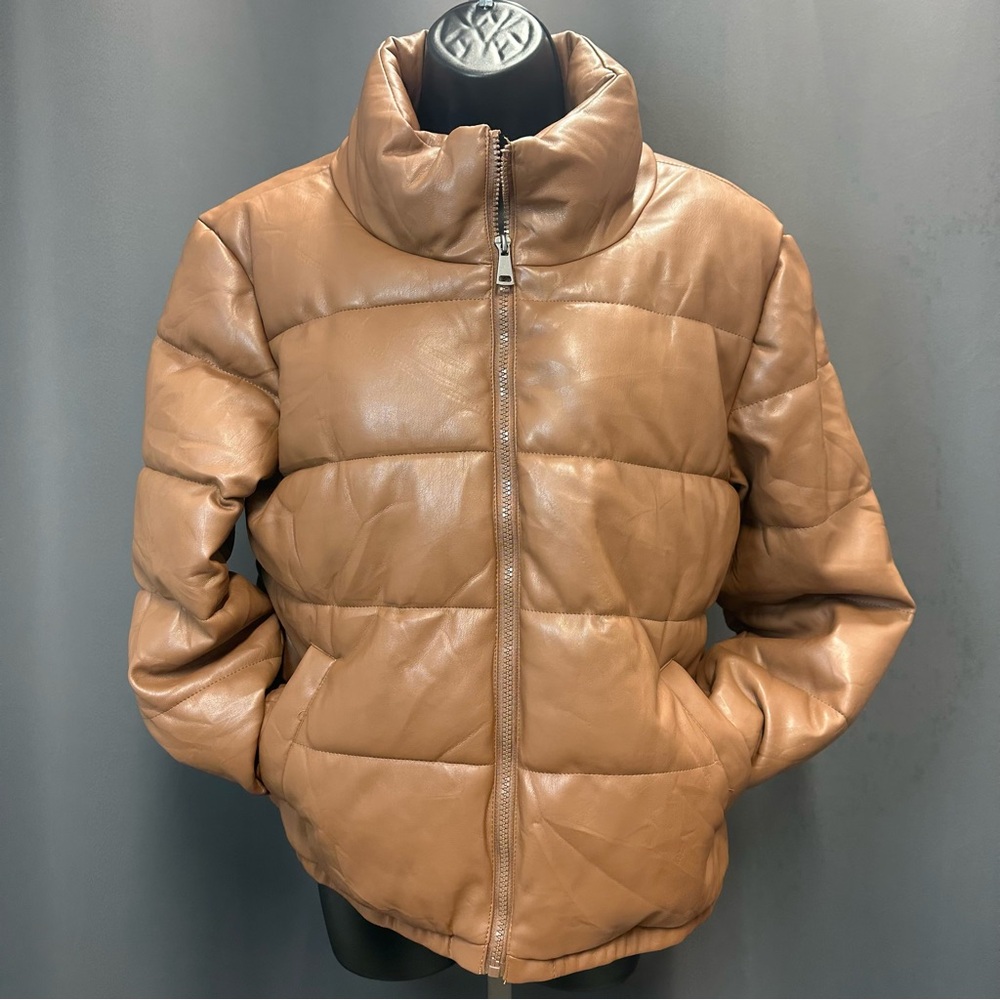 Mocha Faux‎ Leather Puffer Jacket with Pockets and Front Zipper Closure Size L